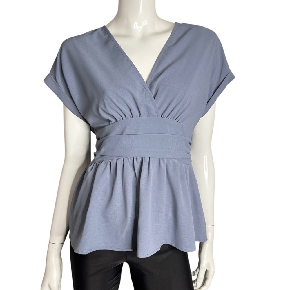🤑 5/$25 SHEIN Blue V-Neck Pleated Short Sleeve Peplum Blouse